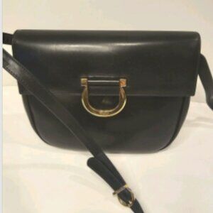 Vintage Salvatore Ferragamo Black Leather Crossbody Bag Gancini Clasp Italy